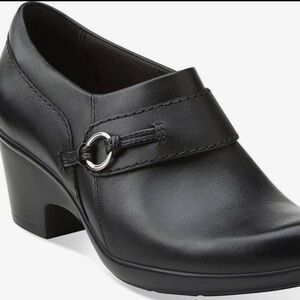 Clarks Black Leather Mules Booties with Silver Accent